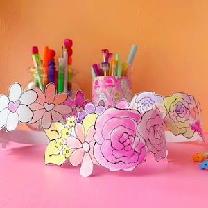 Corona di fiori di carta da colorare stampabile, corona floreale, artigianato ad acquerello, artigianato da colorare per bambini, corona di compleanno, attività per bambini