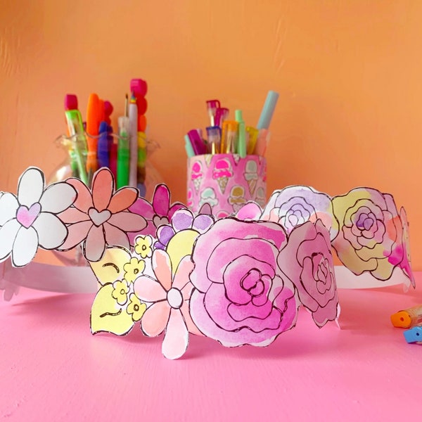 Couronne de fleurs en papier à colorier imprimable, couronne florale, artisanat aquarelle, artisanat à colorier pour enfants, couronne d'anniversaire, activité pour enfants