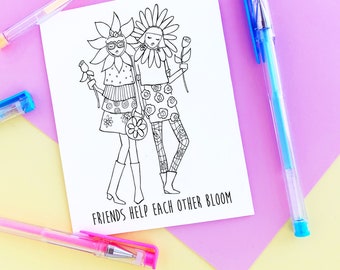 Friends Help Eachother Bloom Coloring Card, filles, carte de voeux, carte d'encouragement, illustration de mode, carte de sympathie, coloriage de filles