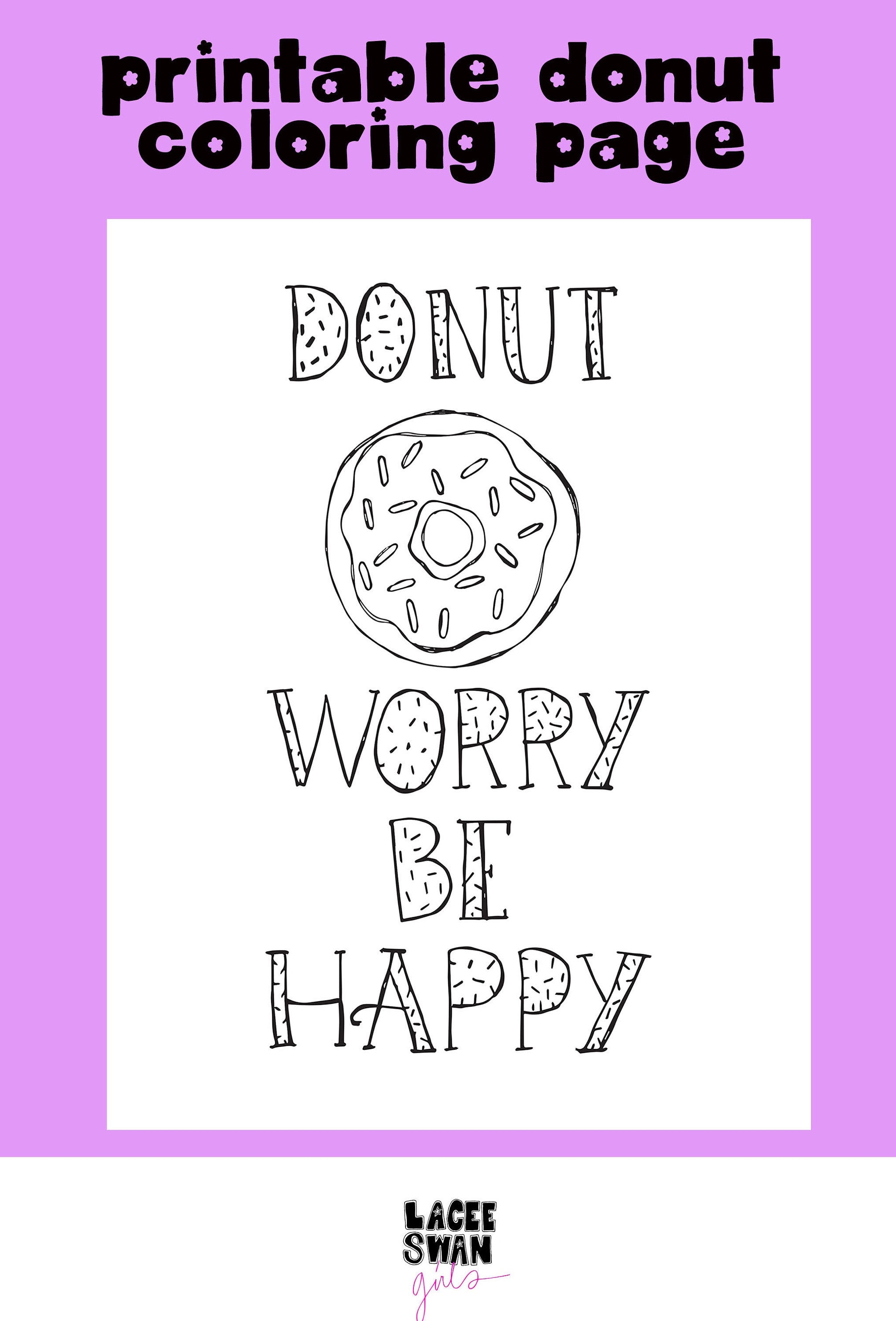 Coloring Page "donut Worry Be Happy", Printable, Kids Coloring Page