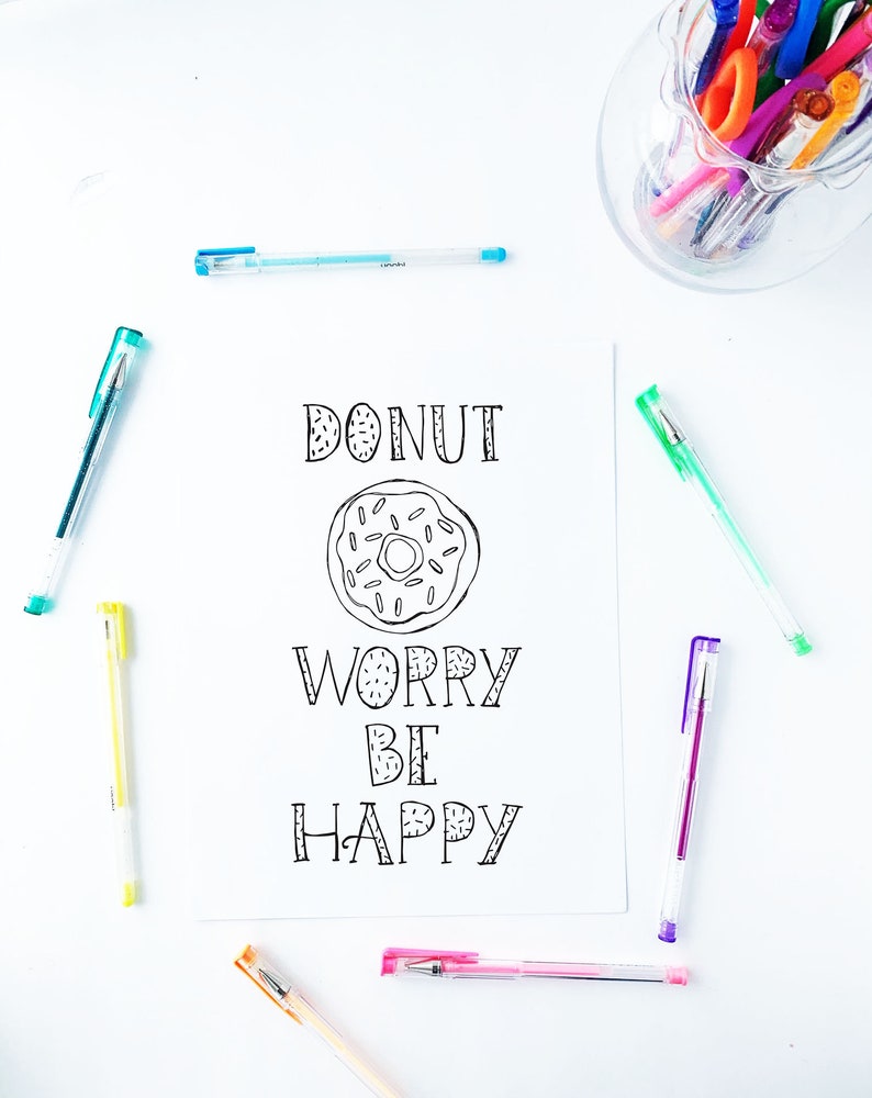 Coloring Page donut Worry Be Happy, Printable, Kids Coloring Page ...