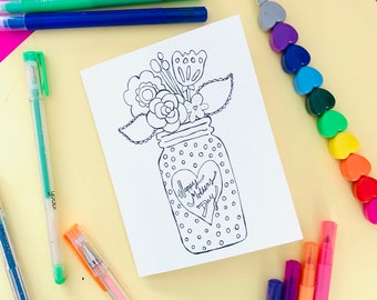 Mother's Day Kids Coloring Card "Mason Jar Flowers", Kids Coloring Card, Line Art Ready To Print, mothers day craft, Kids Mother's Day Card