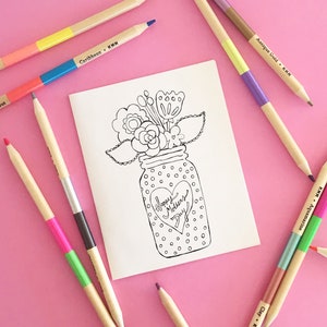 Carte à colorier pour la fête des mères « Mason Jar Flowers », carte à colorier pour enfants, dessin au trait prêt à imprimer, artisanat de la fête des mères
