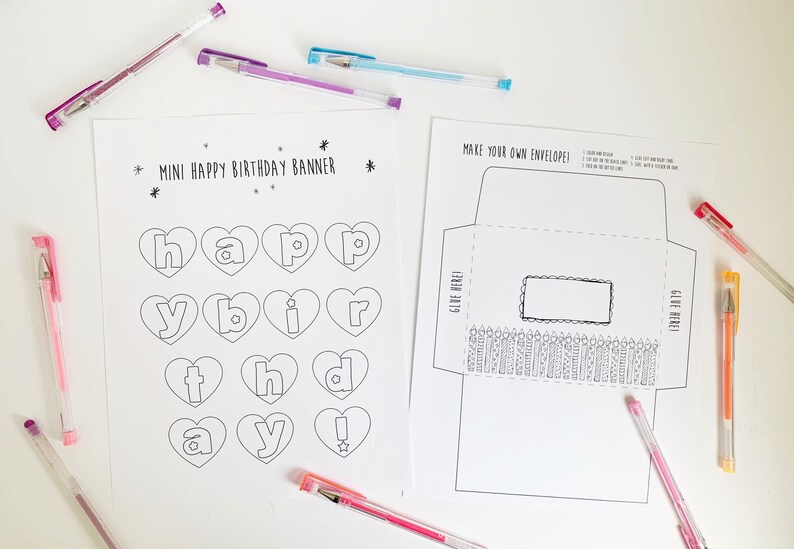 Printable Happy Birthday Banner Card Kids Coloring Page Line Etsy