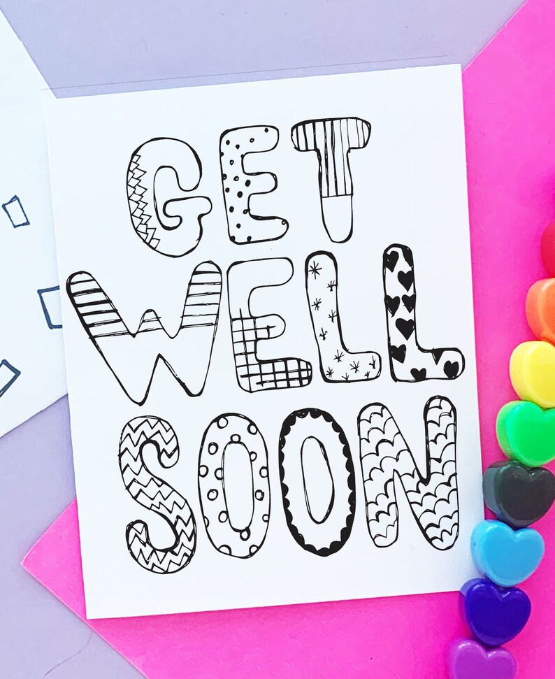Printable Greeting Card "get Well Soon", Kids Coloring Page, Line Art ...