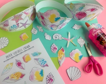 Paper Seashell Crown Craft, Mermaid Birthday Party Craft, kids coloring craft, birthday activity, slumber party activity, kids activity