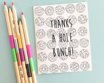 Donut Coloring Card Printable "Thank you card", Girls coloring card, Line Art Ready To Print, digital download