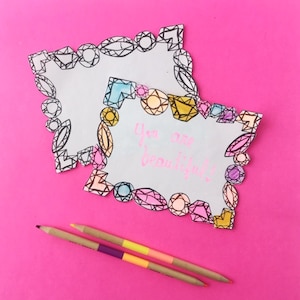 Tarjeta de cumplido imprimible, mini notas de gemas, manualidades para colorear para niños, colorear para preadolescentes, manualidades para colorear para niñas