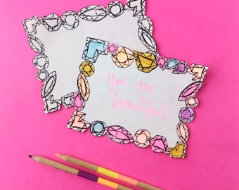 Printable Compliment Card, gem mini notes, kids coloring craft, coloring for tween, girls coloring craft