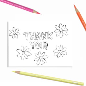 Druckbare Grußkarte "Danke", Malseite für Kinder, Line Art fertig zum Drucken, Blumen