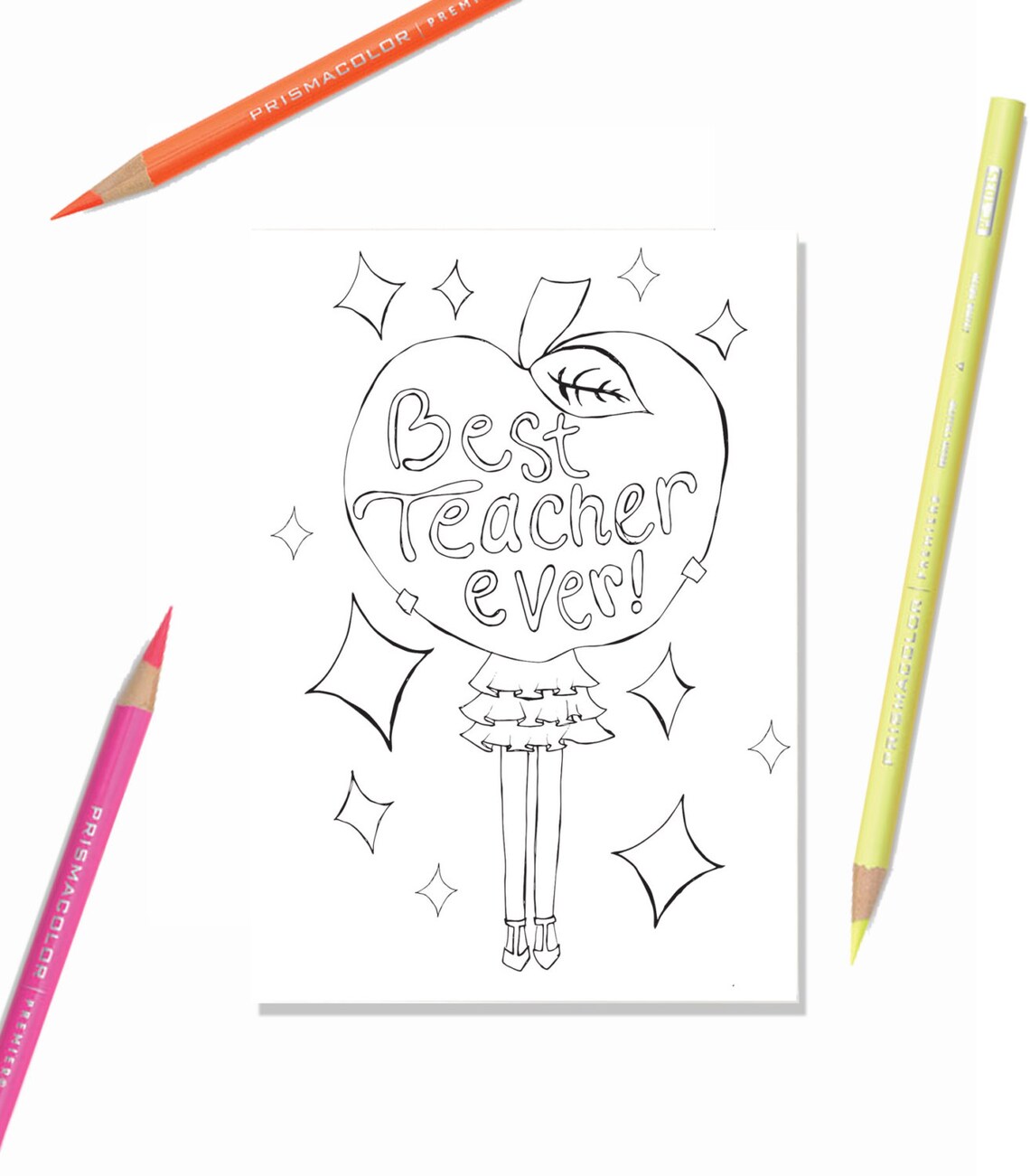Printable Kids Card "best Teacher Ever", Girls Coloring Page, Line Art ...