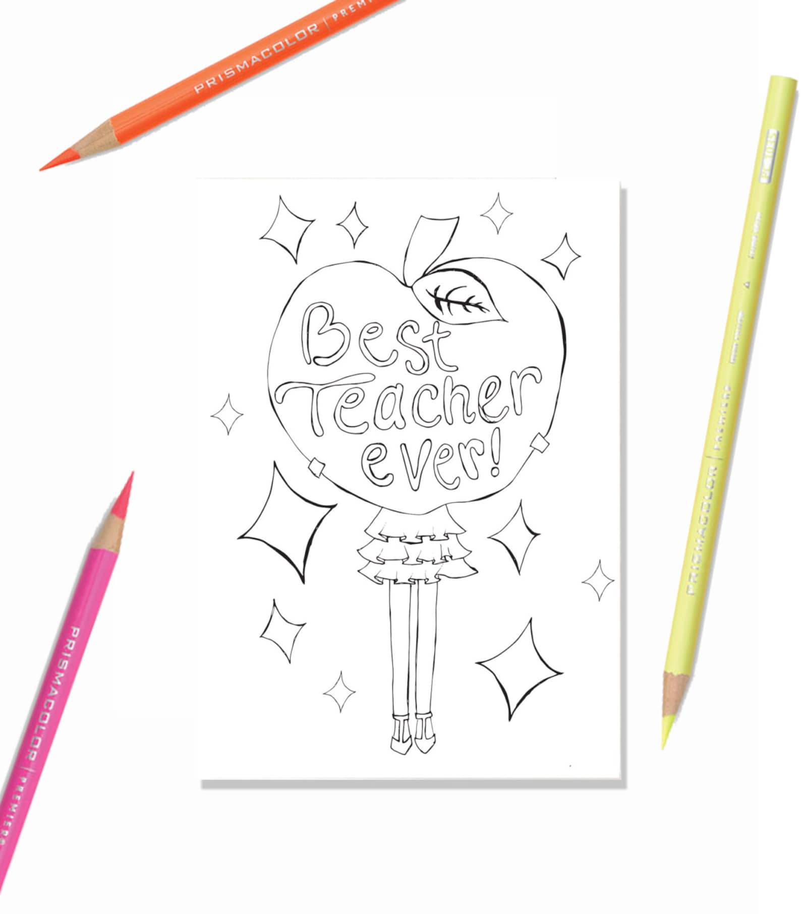 Printable Kids Card "best Teacher Ever", Girls Coloring Page, Line Art ...