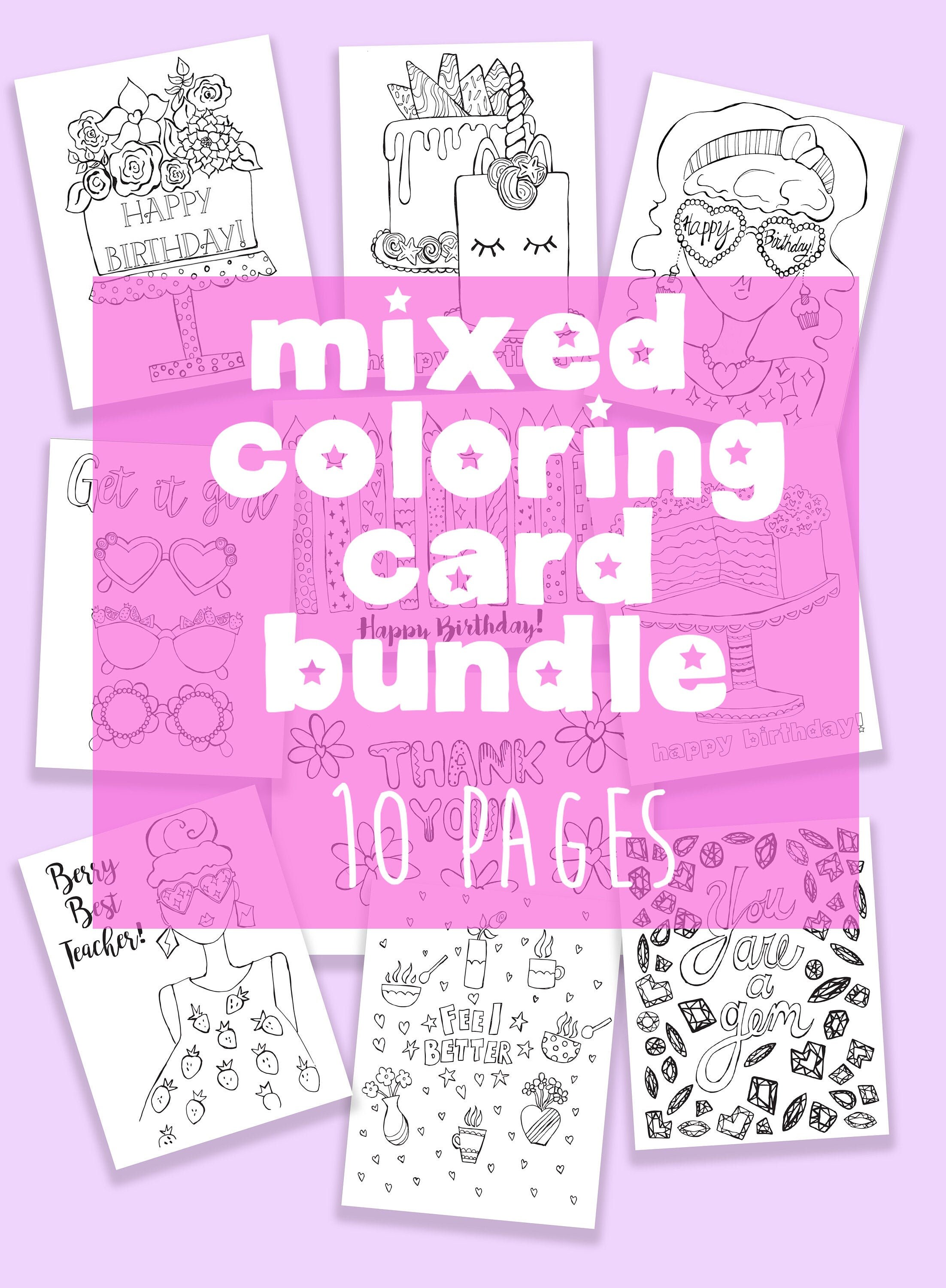 Coloring Card Bundle | Birthday cards, summer, coloring, coloring cards greeting cards, printable, coloring card, scrapbooking