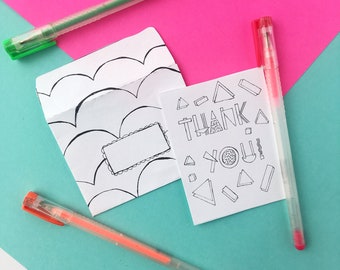 Mini Printable Coloring thank you card, Line Art Ready To Print, kids craft