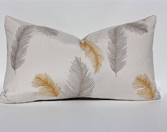 Handmade Decorative Designer Toss Accent Pillow Cushion Cover Case (Feather Feathers Earthy Natural Cream Gray Grey Yellow Neutral)