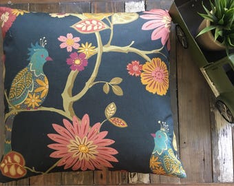 RICHLOOM -- Handmade Decorative Designer Toss Accent Pillow Cushion Cover Case (Botanical Bird Floral - light teal, gold, rose, rusty red)