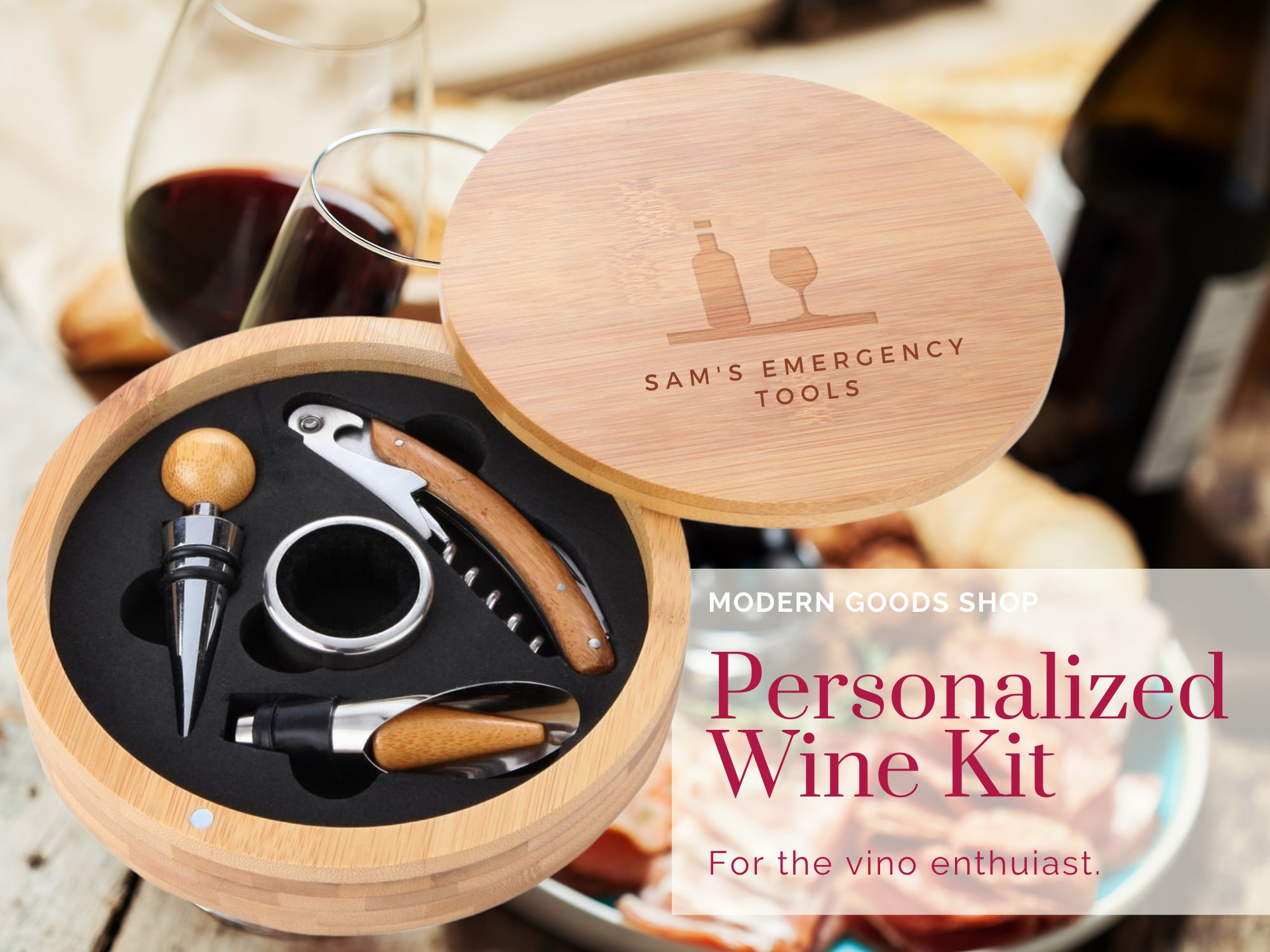 Wine Wooden Accessories Company Wine Tool Set Portable Wine Accessory Kit  With Laser Engraved Design Wine Gift Set 