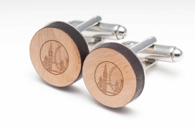Groomsman Gifts and Personalized Wedding Gifts London Skyline Wood Cufflinks Gift For Him