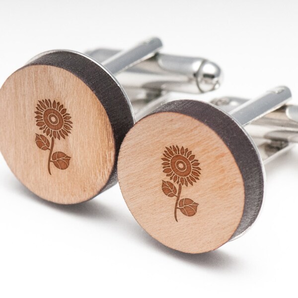 Sunflower Wood Cufflinks Gift For Him, Wedding Gifts, Groomsman Gifts, and Personalized