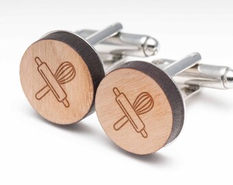 Rolling Pin And Whisk Wood Cufflinks Gift For Him, Wedding Gifts, Groomsman Gifts, and Personalized