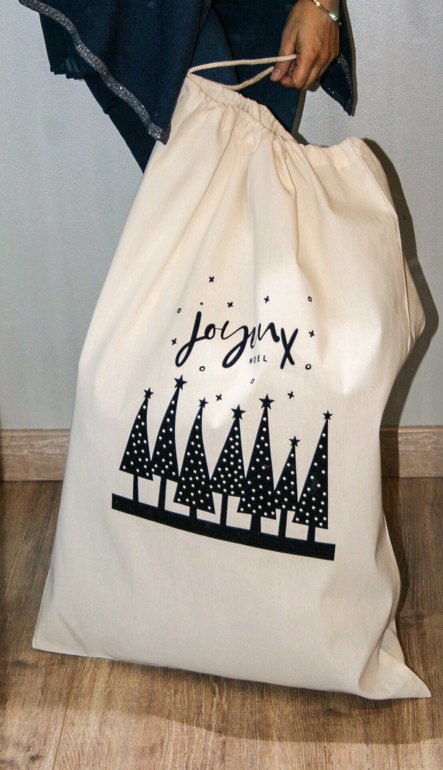 Sac Baluchon en Coton, Flex Velours Noir Fixé à Chaud