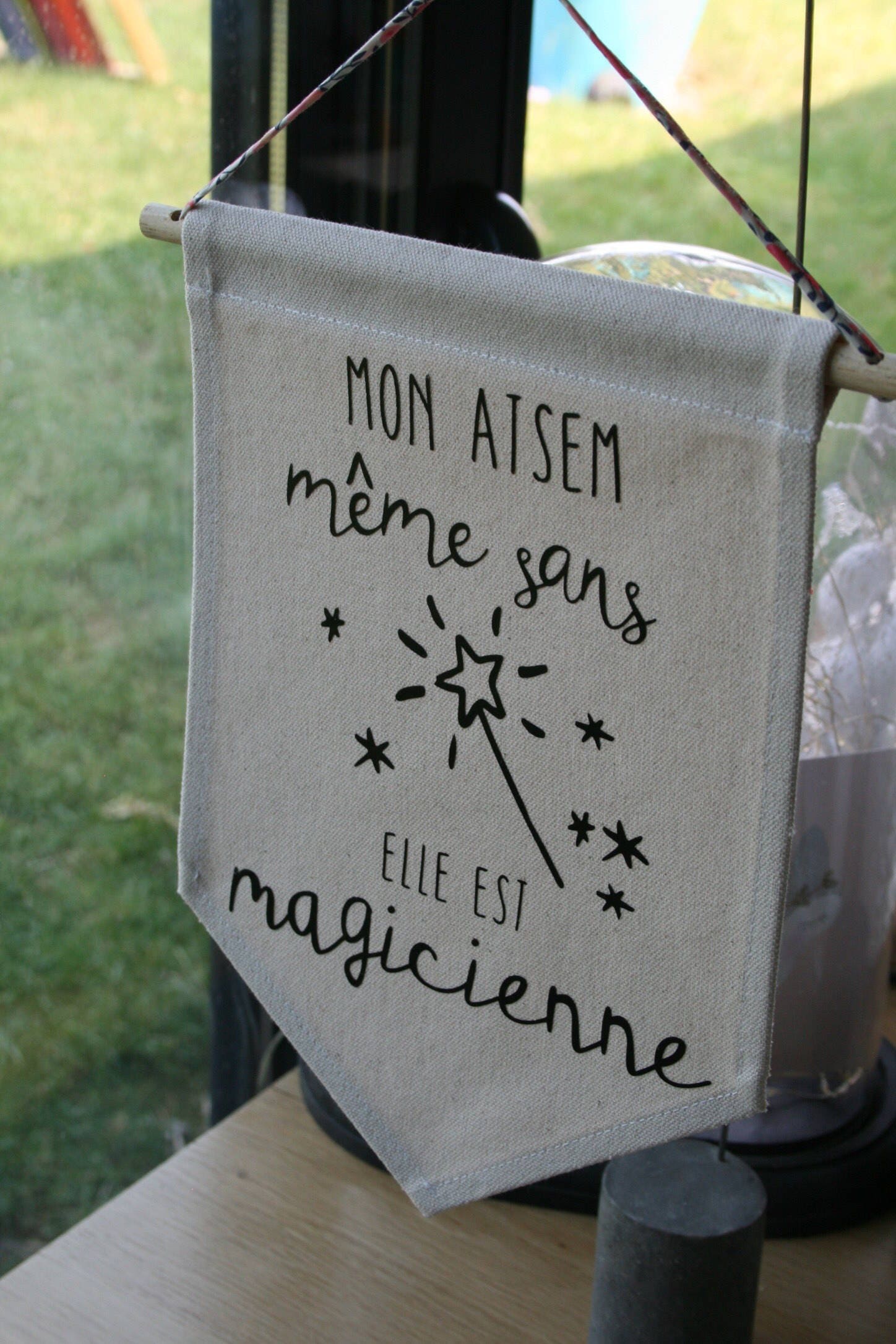 Bannière Coton Naturel avec Message en Flex Noir Thermocollant, Cordon Liberty, Cadeau Fin d'année A