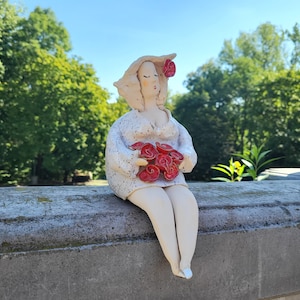 ceramic sculpture woman, Sitting girl with red flowers, ceramic handmade