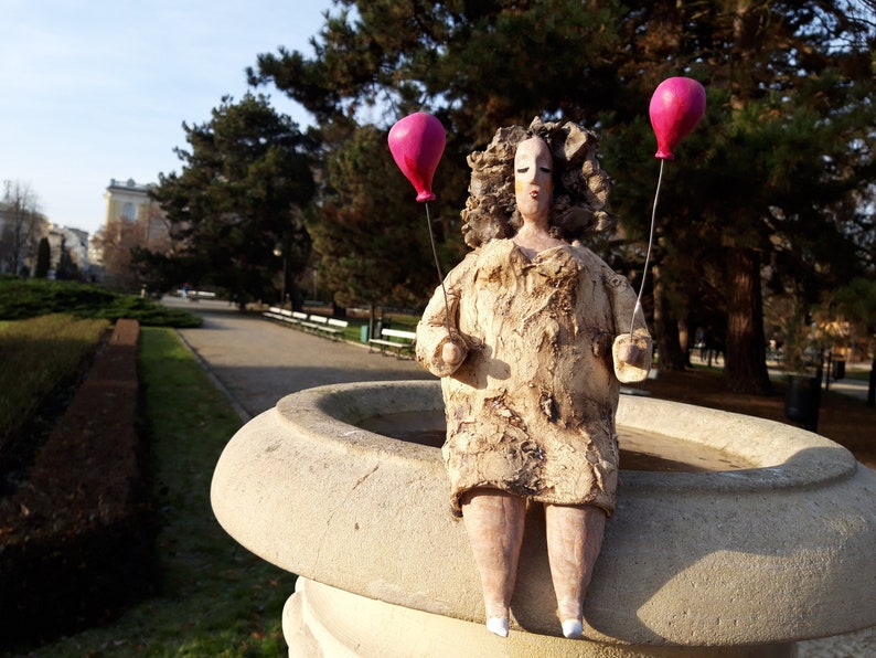 ceramic sculpture woman with balloon Figure of a woman handmade sculpture ceramic art