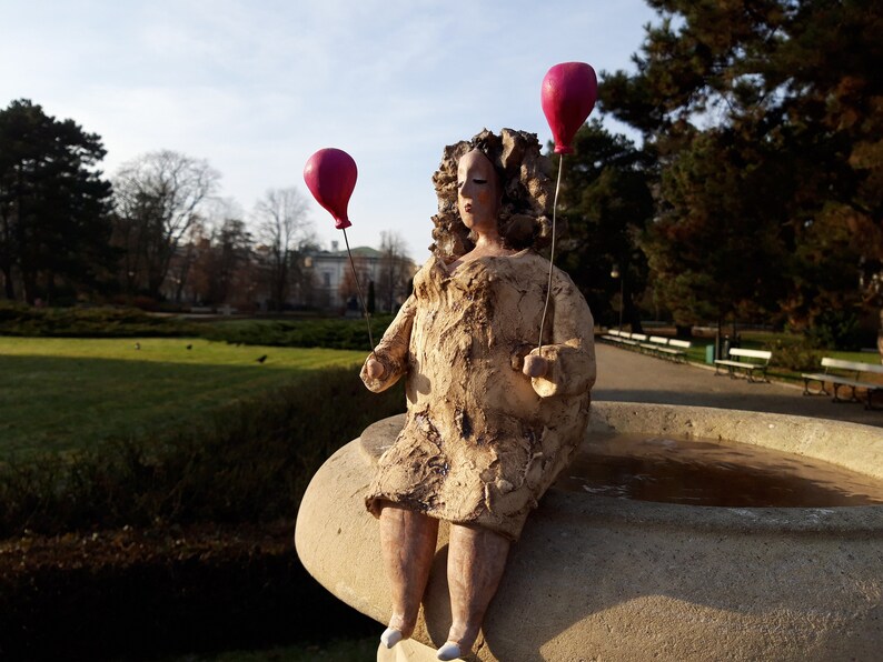 ceramic sculpture woman with balloon Figure of a woman handmade sculpture ceramic art