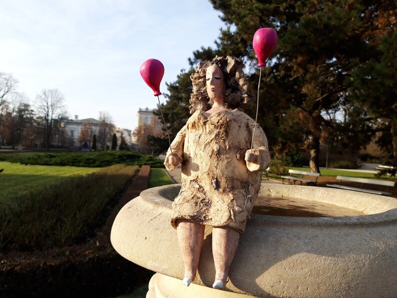 ceramic sculpture woman with balloon Figure of a woman handmade sculpture ceramic art