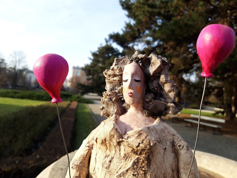 ceramic sculpture woman with balloon Figure of a woman handmade sculpture ceramic art