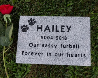 May include: A gray granite pet memorial with the name "HAILEY", paw prints, and the years 2004-2018. The inscription reads "Our sassy furball Forever in our hearts." A red rose rests beside the memorial on green grass.