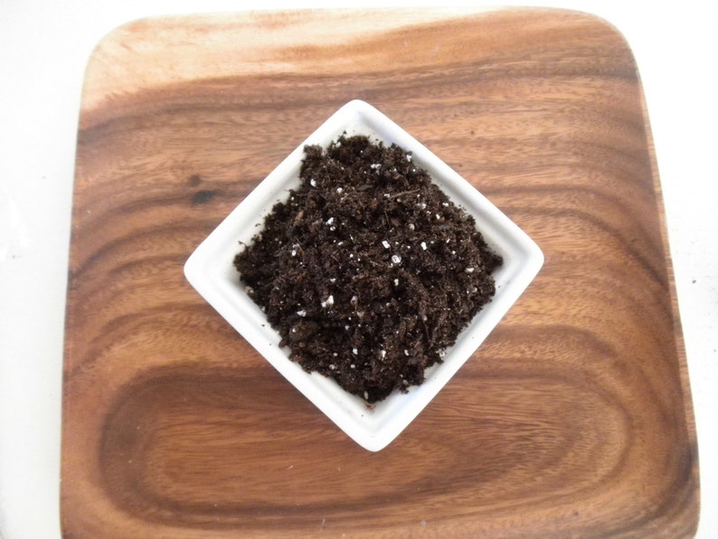 Puede incluir: Un plato cuadrado de cer&aacute;mica blanca lleno de tierra marr&oacute;n oscuro, salpicado de part&iacute;culas blancas, se encuentra sobre una tabla de madera. La tabla tiene un patr&oacute;n de vetas de madera natural y un color marr&oacute;n c&aacute;lido. La tierra parece lista para plantar.