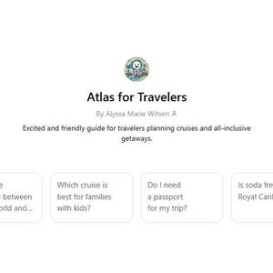 Op de afbeelding: Witte achtergrond met de titel "Atlas for Travelers" en de naam van de auteur. Daaronder staat "Spannende en vriendelijke gids voor reizigers die cruises en all-inclusive uitjes plannen." Vier vraagprompts worden weergegeven.