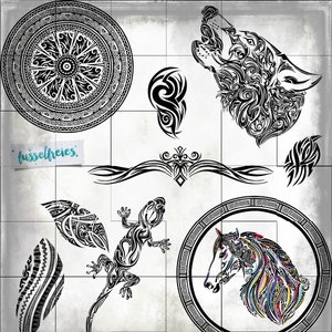 May include: A collection of black tribal art designs on a white tiled background. The designs include a wolf howling, a horse head, a lizard, a wheel, and other abstract shapes. The word "fusselfreies" is written in light blue.