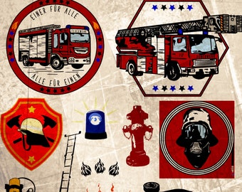 Plotter file series fire brigade lint-free ladder truck hydrant hose respiratory protection ladder helmet fire engine blue light DXF SVG