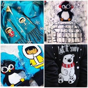 Puede incluir: Un conjunto de prendas de vestir de temática invernal, que incluye una bufanda azul con un patrón de copos de nieve blancos y un diseño de pingüino, un gorro azul con un patrón de copos de nieve blancos, guantes azules con un pingüino y una niña con un abrigo de invierno y una sudadera negra con un diseño de oso polar blanco y el texto "Let it snow".