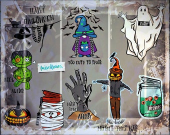 SVG DXF cut file Spooky Halloween VOL7 - Pumpkin, Voodoo doll, mummy, witch, hand grave, pumpkin, scarecrow, cat, spider, witch hat