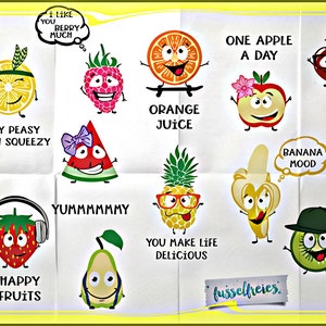 Fichier traceur Happy Fruits DXF SVG ananas, poire, pomme, fraise, citron, orange, pastèque, kiwi, banane, cerise, framboise