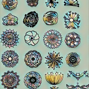 Puede incluir: Una colección de 18 diseños de flores coloridos, dibujados a mano, en varios estilos, incluyendo floral, geométrico y abstracto. Las flores están representadas en tonos de azul, rosa, amarillo y verde sobre un fondo azul claro.