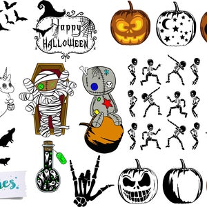 May include: A collection of Halloween-themed illustrations. Includes pumpkins, skeletons, a witch on a broom, a mummy, a voodoo doll, and other spooky elements. The phrase "Happy Halloween" is also present.