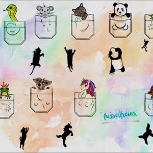 Könnte beinhalten: Eine digitale Illustration verschiedener Tiere, die aus Taschen schauen. Zu den Tieren gehören eine Schlange, eine Maus, eine Katze, ein Panda, ein Frosch, ein Hund, ein Einhorn und ein Faultier. Die Illustration befindet sich auf einem Aquarellhintergrund mit dem Text "fussselfreies."