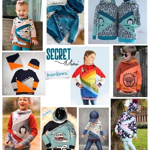 Puede incluir: Un collage de imágenes que muestran varios diseños de ropa para niños. Los diseños presentan una variedad de colores, patrones y temas, incluyendo pingüinos, arcoíris y un toro. El texto "SECRET Mini" y "fusselfreies." es visible en el collage.