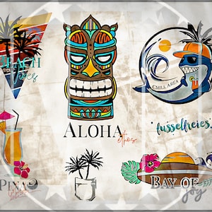 Aloha Beach 2022 Plotter File DXF SVG - Haai, Strand, Zon, Zomer, Palmbomen, Tiki Masker, Pina Colada, Surfplank, Surfen, Zon, Cocktail