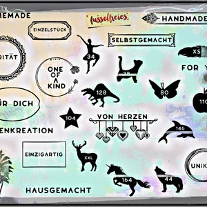 Könnte beinhalten: Eine Sammlung schwarzer Silhouetten, darunter eine Tänzerin, Katze, Schmetterling, Apfel, Stern, Hirsch, Einhorn und Wolf, mit verschiedenen Zahlen. Texte: "Homemade", "Handmade", "One of a Kind" und "For You".