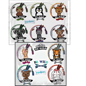 Könnte beinhalten: Neun bunte Illustrationen von Tieren, die Kopfbedeckungen tragen, mit dem Text "BE WILD" unter jedem Tier. Die Tiere sind ein Faultier, ein Pinguin, eine Giraffe, ein Hund, ein Zebra, ein Affe, ein Lama, ein Tiger, ein Bär und ein Kaninchen.
