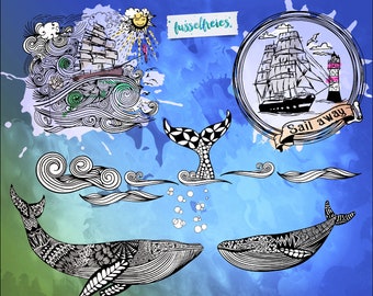 May include: A black and white illustration of a whale with a detailed pattern, a whale tail, and a ship sailing away. The background is a blue watercolor wash with white splatter paint.