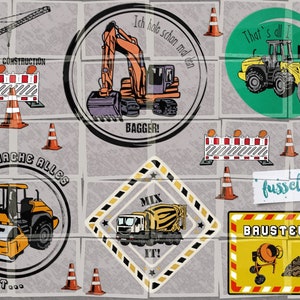 Puede incluir: Un conjunto de pegatinas con temática de construcción que presentan varios vehículos de construcción, incluyendo una grúa, una excavadora, una bulldozer y una mezcladora de cemento. Las pegatinas están impresas sobre un fondo blanco con contornos negros y presentan texto en alemán e inglés.