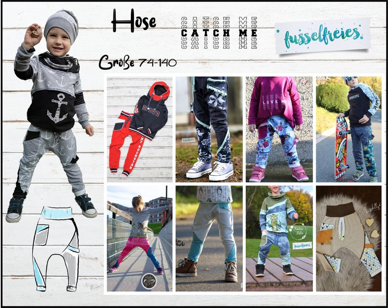 Puede incluir: Un collage de im&aacute;genes que muestran diferentes estilos de pantalones para ni&ntilde;os, con varios colores y patrones, incluyendo estampados de anclas, dise&ntilde;os geom&eacute;tricos y motivos florales. El texto "Hose" y "Gro&szlig;e 74-140" es visible en la imagen.