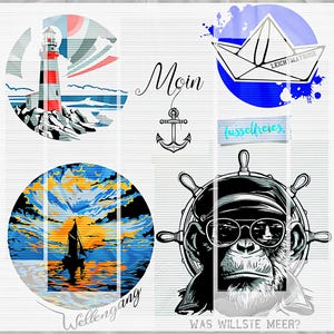 Könnte beinhalten: Ein maritimes Design mit einem Leuchtturm, einem Segelboot und einem Affen mit Sonnenbrille und Kapitänsmütze. Das Design enthält die Wörter "Moin", "Wellenang", "Leichtmatrose", "fusselfreies" und "WAS WILLSTE MEER?" in verschiedenen Schriftarten und Farben.